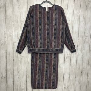 British Lady Long Sleeve Blouse Pencil Skirt Set Chain Geographic Print Vintage